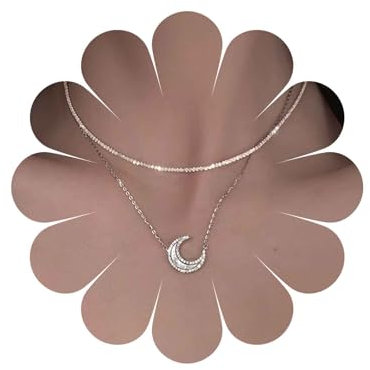 Allereya Collana con Ciondolo a Forma di Luna a Mezzaluna Strass Strati Boho Collana Ciondolo Forma Luna Crescente Brillantini Collana Girocollo Argento Lucido Catena Gioielli per Donne e Ragazze