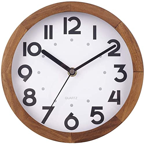 Wanduhr Klein, 20cm Vintage Stil Holz Wanduhr, Leise Ohne Tickgeräusche Batteriebetriebene Analog Wanduhr, Rustikal Dekorative Wanduhr für Küche Wohnzimmer Schlafzimmer, Büro, Café Naturholz