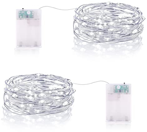 LED Lichterkette Batterie, 2 x 20er Micro LED Batteriebetrieben Drahtlichterkette mit Timer für Hochzeit Zimmer Garten Weihnachten Deko (Kaltweiß, 2 Stück)