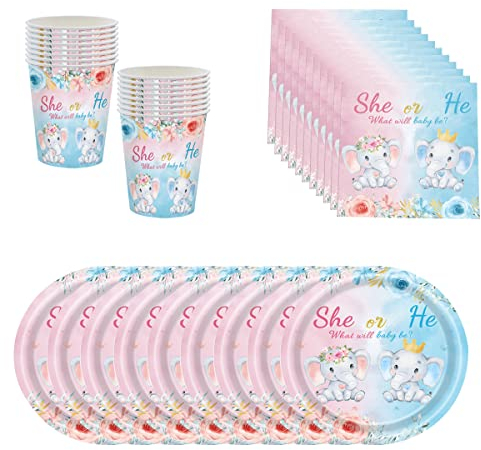 BlinBlin Baby Gender Reveal Party Supplies – Baby Elephant Theme Set (16 Guests) – Includes Plates, Cups, Napkins – Gender Reveal Party Decorations for Boys & Girls – Baby Shower Tableware