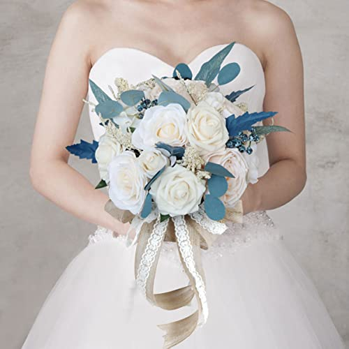 Fouriding Bouquet da sposa in stile vintage bianco crema con rose artificiali per damigella d'onore (grande)