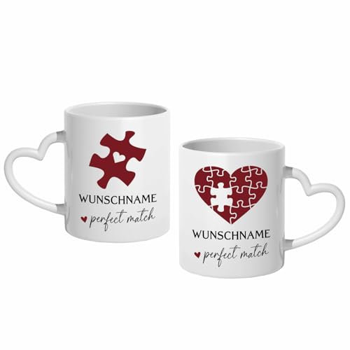 Personalisierte Herzhenkel Kaffeetassen - Liebe - Partnergeschenk, Jahrestag Geschenk für Sie und Ihn - 2er Set, Besonderes Merkmal spülmaschinenfest, Mikrowellensicher