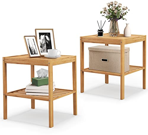 LIFEZEAL Nachttisch 2er Set, Beistelltisch aus Bambus, Nachtschrank mit Ablage, Nachtkommode Sofatisch für Schlafzimmer, Wohnzimmer, 40 x 40 x 45 cm, Naturfarben
