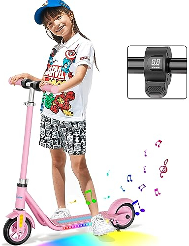Scoothop Elektroroller Kinder,Bunter Regenbogenlicht,5-8 Meilen Reichweite,LED-Display,4 Höhenverstellbar und 3 Geschwindigkeitsstufen,Bluetooth Lautsprecher,E-Scooter Kinder ab 6-12Jahren (Rosa)