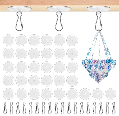 60 Stück Selbstklebende Deckenhaken,Transparente Klebehaken Decke Ohne Bohren Deckenhaken mit 60 Stück Fahnenmast Clip,Extra Stark Klebeknöpfe für Schlafzimmer Küche Wand Aufhängen Dekorative Haken