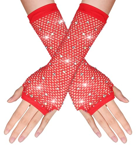 Yolev Netzhandschuhe Rot Lange Fischnetz Fingerlose Handschuhe Netzhandschuhe für Damen mit Strass Fishnet Glänzende Modische Opernhandschuhe für 80er Jahre Kostümparty Halloween Cosplay Zubehör