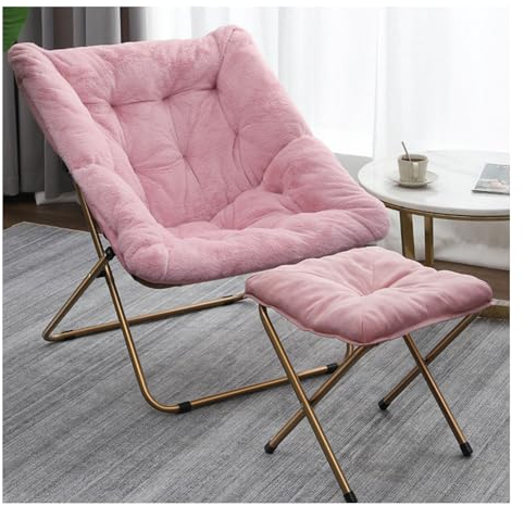 Generic Saucer Chair, with Footstool Folding Chairs,Comfy Folding Oversized Saucer Chairs for Adults,for Living Room, Bedroom, Dorm and Garden,Saucer Chairs for Adults (with Footstool,Pink)