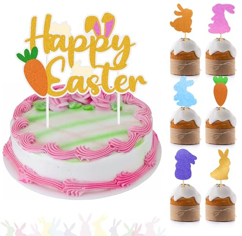 13Pcs Happy Easter Cupcake Toppers Glitter Bunny Egg Cupcake Picks Easter Cake Decorations Happy Easter Rabbit Theme Party Cake Decorations Supplies A6-FHJCP