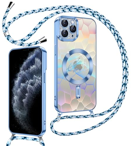 Kokio Magnetische Glitzer Handykette für iPhone 11 Pro Max Hülle mit Band [Kompatibel mit MagSafe] Kameraschutz Handyhülle für Frauen Mädchen Silikon Stoßfeste Schutzhülle für iPhone 11 Pro Max Blau