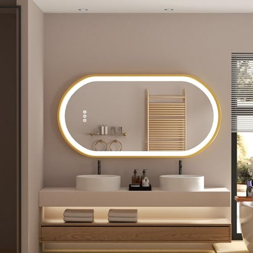 LUVODI Miroir Salle de Bain Ovale: Miroir Lumineux avec Cadre en Aluminium Doré 500x1000mm Anti Buée 3 Tactile Miroir Connecté avec Éclairage Intégré LED IP56 Mémoire 3 Couleur Horizontal/Vertical