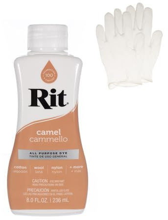 Rit Dye - Tinte líquido para tela, para manualidades, ropa y decoración, botella de 8 onzas, color camello (guantes incluidos)