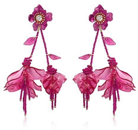EVER FAITH Blumen Ohrringe, Acryl Perlen Handmade Bohème Stil große Blume Statement Ohrringe für Sommer Urlaub Heißes Rosa
