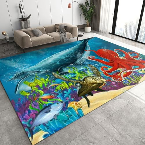 Wal-Oktopus-Schildkröten-Teppich, Cartoon-Unterwasserwelt, Waschbarer Teppich, Niedrigfloriger Bodenteppich, Weich, Faltbar, Für Kinderzimmer, Spielzimmer, Kinderzimmer, Wohnzimmer-120 x 170 cm