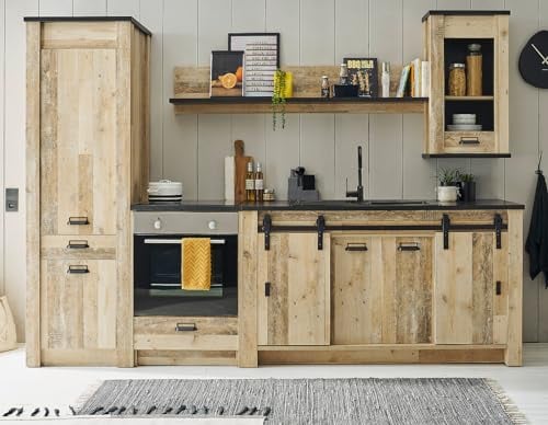 Furn.Design Küchenzeile in Used Wood hell und grau/anthrazit Küchenschrank Set 5-teilig Singleküche Landhaus-Stil 284 x 201 cm Stove (Set 3)
