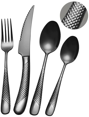 SHEUMNT 24 Pieces Modern Black Hammered Cutlery Set with Ultra Sharp 2-in-1 Serrated Knive, 18/10 Stainless Steel Silverware Set, Titanium Plated Flatware Set for 6 People, Knives Forks Spoons Set