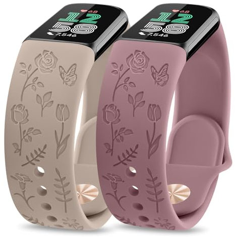 Rose Butterfly Engraved Straps Compatible With Fitbit Charge 6/5 for Women - Soft Silicone Elegant Floral Pattern Replacement (Milktea/Violet Smoke)