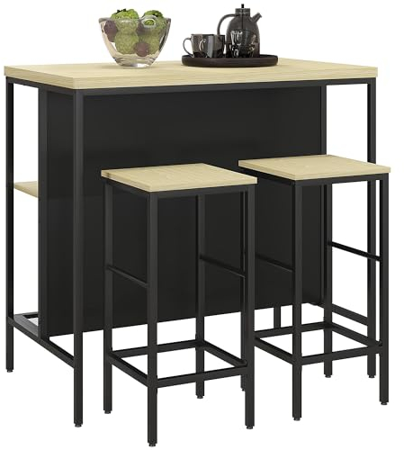 HOMCOM Bartisch mit Barhocker Set, 3-TLG. Bartisch-Set inkl. Küchentisch mit 2 Barhockern, 2 Ablage, Essgruppe im Modern-Stil, für Küche, Esszimmer, Stahl, Eiche