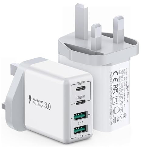 [2 Pack] USB C Plug, 40W 4-Port USB Fast Charger Plug Dual PD Type C Port+Dual QC USB A Port, UK Wall Charger Charging Plug USB C Power Adapter for iPhone 11/12/13/14/15 Series/XS/XR/SE/8/Samsung/iPad