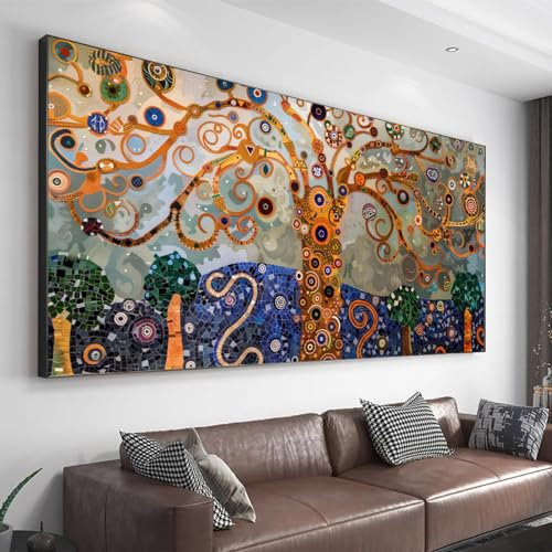 LSYALUCK Arbre de vie Art mural abstrait Gustav Klimt photo impression sur toile œuvre d'art vintage pour salon cuisines décoration murale 70x165cm (28x65in) avec-cadre noir