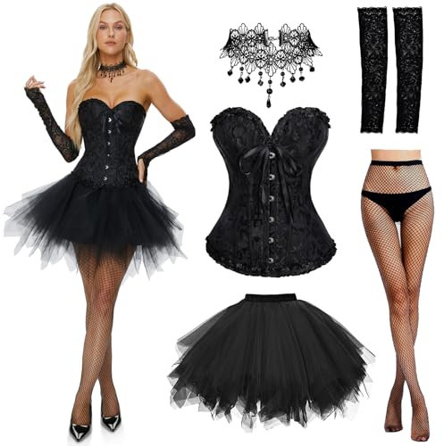 Joellfuner Corsetto e Gonna Tulle da Donna, Halloween Bustier Gonne Tutu Costume, Gotico Vestito con Il Manicotto Nero 80s per Halloween Carnevale Cosplay Festa (S)