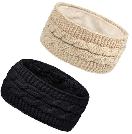 2Stk Winter Stirnband für Damen, Elastische Gestrickt Haarband Mädchen Verdicken Warmes Stirnbänder Ohrenwärmer Kopfband Thermo Stirnband (Schwarz, Beige)