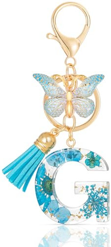 MWOOT Letter Keychains Initiale Lettre Porte Clef Lettre G,Alphabet Initial Keyring avec Papillon Pendentif,Bleu Pétales Feuille D'or Key Ring pour Femmes Filles Portefeuilles Sac à Main Charme(G)