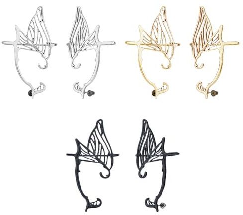 SUPERFINDINGS 3 Farben Flügel Ohrmanschetten Ohrringe 3 Paar Vintage Elfen Ohrmanschetten Elfen Knorpel Ohrringe Hohle Wickel Ohrstecker Metall Retro Einfache Durchbohrte Ohr Cosplay Ohrwickel