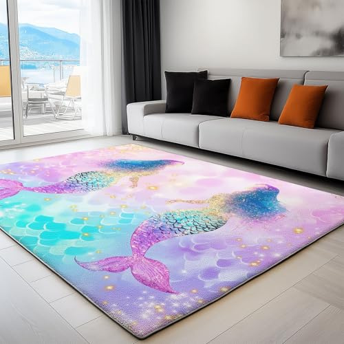 Kurzflor Wohnzimmerteppich - Traumkunst Regenbogen Meerjungfrau rutschfest und Weich Teppich, 120x170cm, Fantasy Kunst Dekorative Teppiche für Schlafzimmer, Esszimmer
