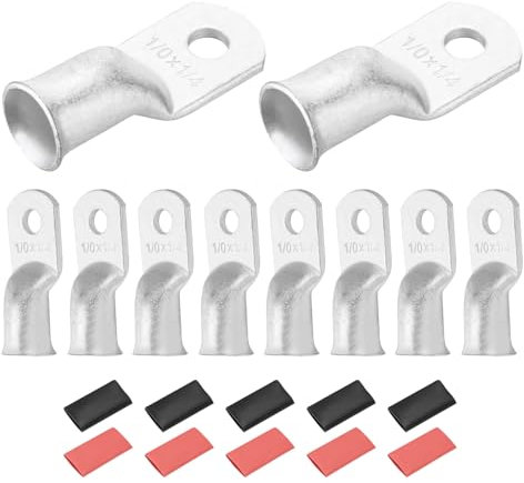 DMiotech 10 Pcs 1/0 AWG - 1/4 Tinned Copper Cable Lugs, Battery Cable Ends, Heavy Duty Copper Wire Lugs with 10pcs Heat Shrink Tubing for Electrical Projects, Silver