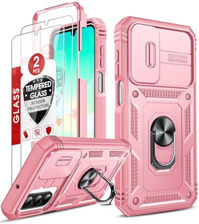 LeYi for Samsung Galaxy A26 5G Case with Camera Cover Slider, 360° Full Body Tough Armour Phone Cover Hard Heavy Duty Protective | 2 Tempered Glass Screen Protector | Ring Stand Holder for A 26, Pink