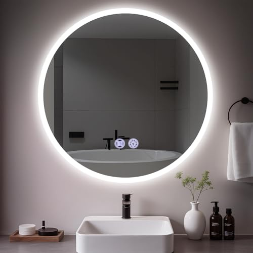 Mursche Badezimmerspiegel mit Beleuchtung Rund,70cm LED Runder Badspiegel | IP44 Spiegel mit Touch Dimmbar Mirror Beleuchtet Beschlagfrei Funktion Bad Rundspiegel mit Licht Kabel für Badezimmer