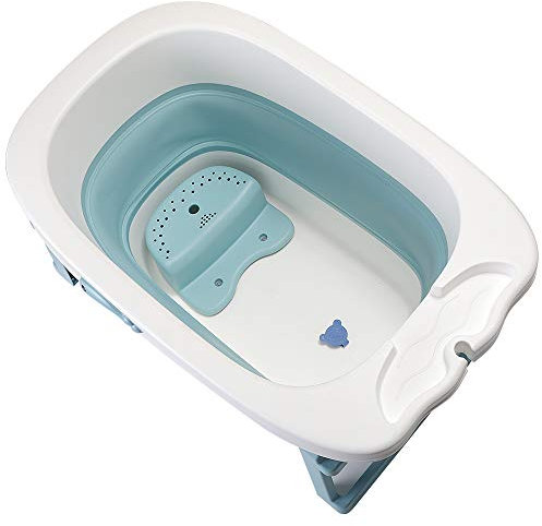 Gran bañera plegable para bebé con asiento de ducha, ducha para bebé, XXL, patas antideslizantes, tapón de drenaje -3 en 1 (azul, 85,3 x 55,5 x 43,7 cm)