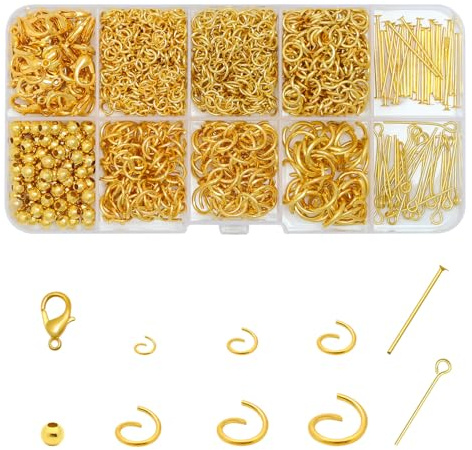 1200 Stück Gold Schmuck Bastelset,Biegeringe 4 5 6 7 8 10mm Offene Spaltringe Kit mit Karabinerverschluss Augenstiften Flachkopfstiften für Ohrringe Halskette Schmuckherstellung