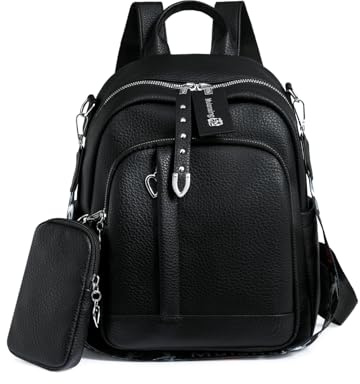 JANSBEN Leder Rucksack Damen Klein, Elegant Cityrucksack Modern Anti-Diebstahl Tagesrucksack Backpack Women Wasserdicht Mini Damenrucksack 2 in 1 für Lässig Schule Reise Arbeit Schwarz