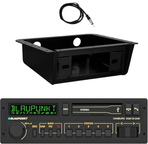 Blaupunkt Hamburg Single DIN Retro Classic Bluetooth USB/AUX AM/FM Radio Stereo Receiver W/Fully Enclosed Under Dash/Overhead Installation Mounting Kit, 22 Radio Antenna (Retro DAB)