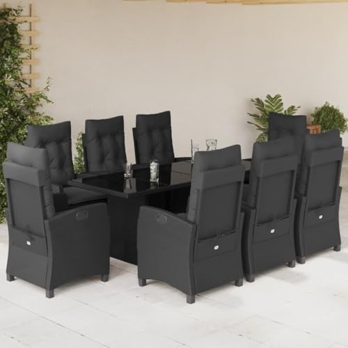 Yunovire 9-TLG. Garten-Essgruppe Schwarz Poly Rattan, verstellbare Relaxsessel, Hartglas-Tischplatte, UV-beständig, wetterfest, für Terrasse, Balkon, Garten