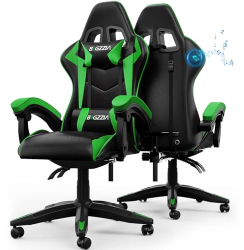 Bigzzia Ergonomic Gaming Chair With Speakers Lumbar and Headrest Cushions | Built-in Bluetooth Speakers, 360° swivel, High-density Padding, up to 110kg for Adults (Green)