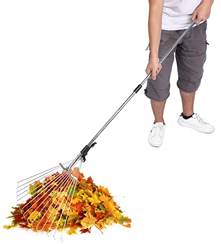 RASTKY Laubharke aus Metall mit Teleskopstiel – Garten-Teleskoprechen, Zusammenklappbarer Graslaubrechen, Gartengerät – Robuster Hofrechen für Rasenflächen