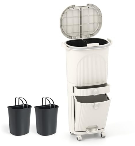GiantexUK 42L Recycling Bin, 3-Tier Sorting Trash Bin with 3 Compartments, Wheels & Retractable Pedal, Vertical Dry and Wet Separation Trash Can for Kitchen(42L,Beige)