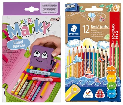 COLOP Pen MARKY Markier-Set mit schwarzer Tinte zum Beschriften für Stifte und Schulutensilien, inkl. 12 STAEDTLER Buntstift Noris jumbo 128, ergonomisches Dreikantformat, erhöhte Bruchfestigkeit
