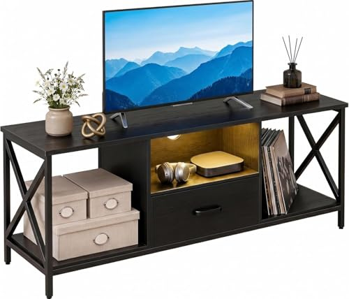 Blisswood TV Unit, 112cm LED TV Stand with RGB Lights for 43–50 Inch TVs, Wooden Media Console Entertainment Centre with Drawer & Shelves, Industrial Metal Frame Cabinet for Living Room Bedroom_Black