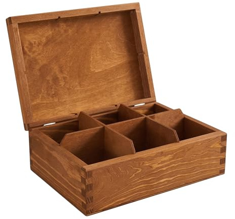 GoodFreshDecor Holzkiste mit Deckel - Teebox mit 6 Fächern 22 x 16 x 8 cm - Teekiste zur Aufbewahrung - Organizer aus Holz für Teebeutel und Schmuck - Braun