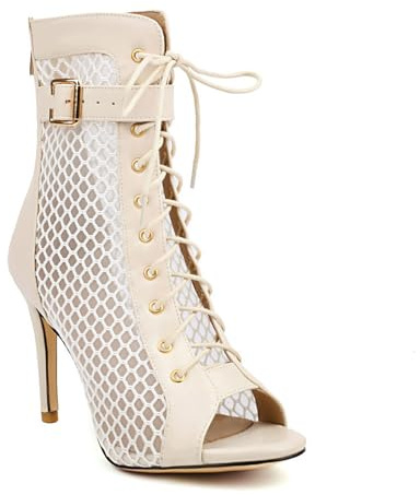 Generico Donna Allacciare Stivaletti con Fibbia Punta Aperta Rete Stivali Estivi con Cerniera Tacco A Spillo Alto Sandali da Vestito,Beige,39 EU