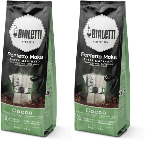 Bialetti Perfetto Moka Caffè Macinato, Gusto Cocco - 1 x 250 gr (Confezione da 2)