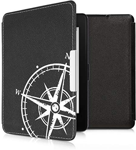 kwmobile Klapphülle kompatibel mit Amazon Kindle Paperwhite Hülle - eReader Case (für Modelle bis 2017) - Kompass Vintage Weiß Schwarz
