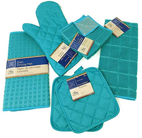 Home Collection Küchenhandtuch-Set mit 2 gesteppten Topflappen, Ofenhandschuh, Geschirrtuch, Abtropfmatte, 2 Mikrofaser-Scheuertüchern (türkis)