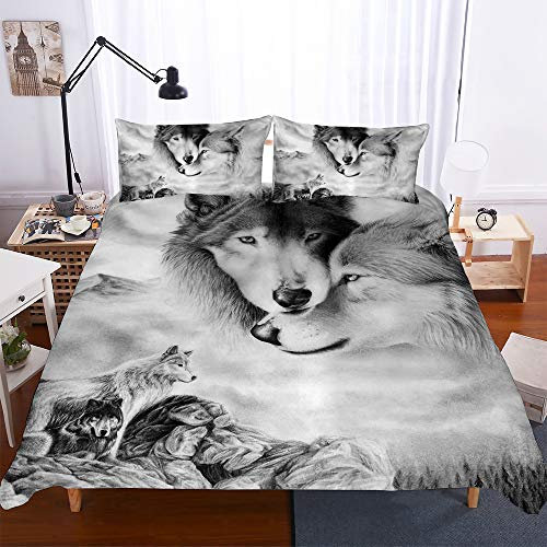Treer Bettwäsche 3 Teilig, 3D Bedding Bedrucktes Mikrofaser mit Reißverschluss Bettbezug und Kopfkissenbezüge Bequem Weich Haltbar Bettwäsche-Set (220x240cm,Grauer Wolf)