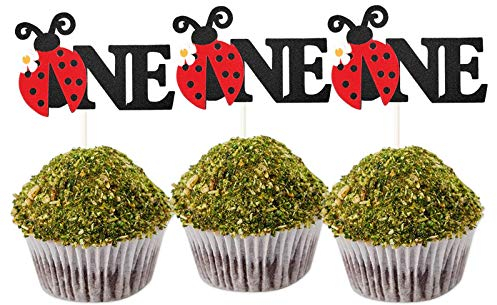 24Pcs Glitter Ladybug One Cupcake Toppers Garden Theme Party Dessert Cupcake Picks for 1st Birthday Wedding Party Baby Shower Spring Summer Garden Party Decoration Supplies