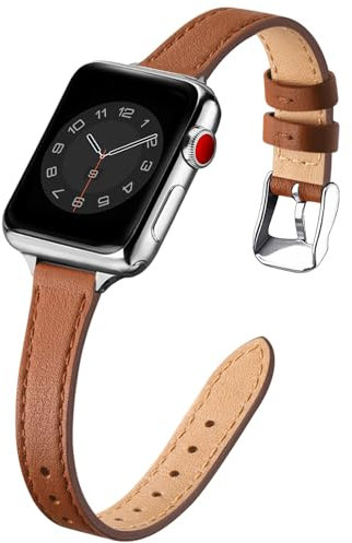 SUNFWR Compatible avec Le Bracelet Apple Watch 41mm 40mm 38mm,Fin Cuir Véritable Femme Bracelet Remplacement,pour iwatch Series 7/6/5/4/3/2/1,SE(38mm 40mm 41mm,Marron&Argent)