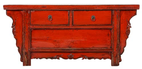 Fine Asianliving Antiker Chinesischer TV Lowboard Rot Glänzend B105xT41xH45cm Chinesischer TV Schrank China Oriental Asiatique Fernsehschrank TV Regal TV Tisch TV Möbel TV Board